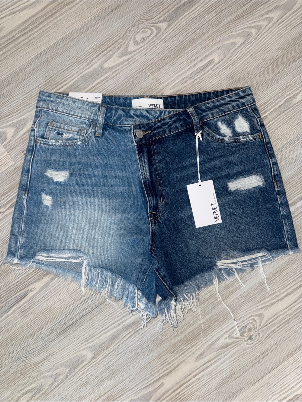 Vervet Two-Tone Distressed Denim Shorts - Blue